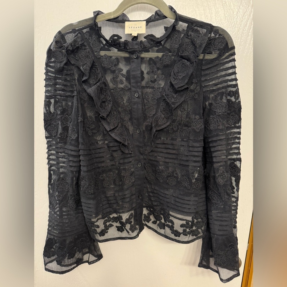 Sezane Black Sheer Lace Blouse